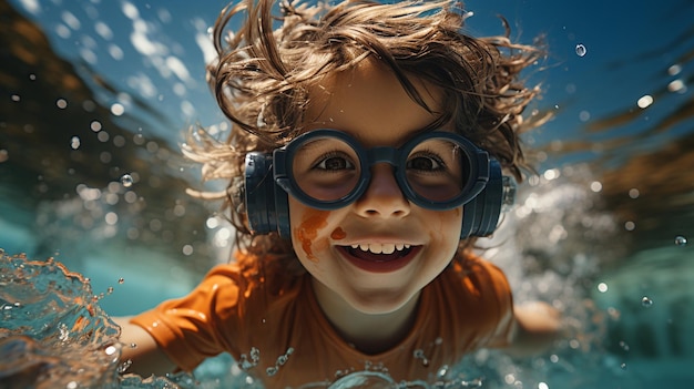 Niño nadando con gafas de protección en la piscina