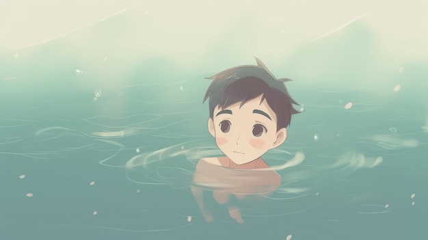 Un niño nadando en el mar dibujos animados anime imagen generativa AI