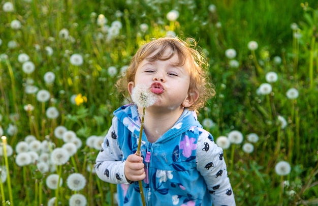 Un niño en la naturaleza sopla un diente de león Enfoque selectivo