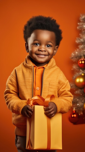 Niño negro africano sosteniendo una caja de regalo de Navidad