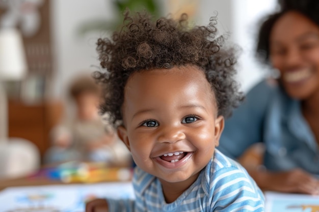 Un niño negro con un cabello rizado encantador sonriendo y mirando a la cámara rodeado de sus padres con dibujos en la mesa en un ambiente hogareño acogedor