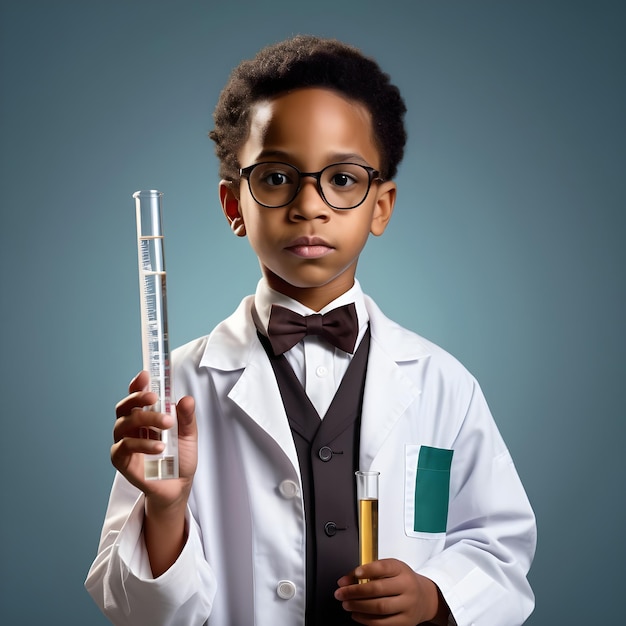 Foto niño negro estadounidense vestido como profesor de ciencias de pie con un tubo de ensayo en la mano