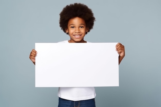 Un niño negro feliz con una pancarta blanca en blanco, un retrato de estudio aislado