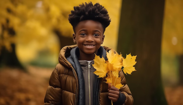 niño negro en el parque de otoño con un ramo de hojas