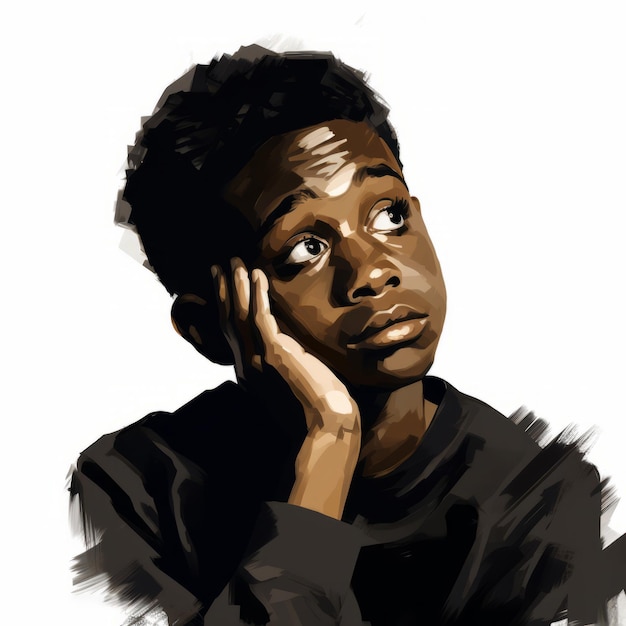 Niño negro en pensamiento y dudas plantean ilustración pintada al óleo Personaje masculino con cara de ensueño sobre fondo abstracto Ai generó cartel brillante de lienzo acrílico