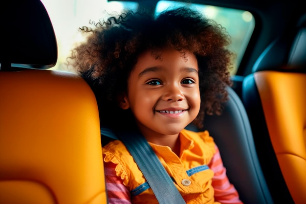 Niño negro sonriente en un asiento de coche atado a la seguridad de un asiento infantil