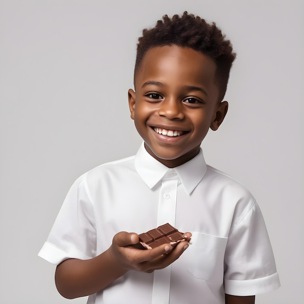 Un niño negro sonriente vestido de blanco con chocolate en la mano sobre un fondo plano