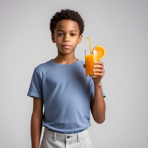 Niño negro con un vaso de jugo de naranja