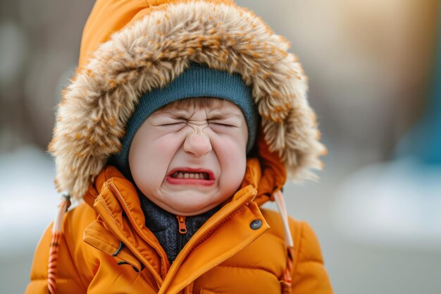 Un niño se niega a usar su abrigo de invierno. Está llorando y luchando.