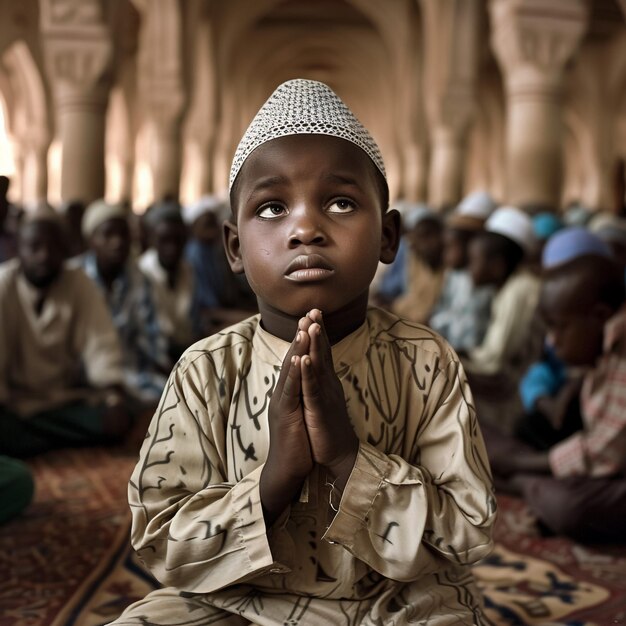 El niño nigeriano reza por su país en la mezquita mientras llora foto real