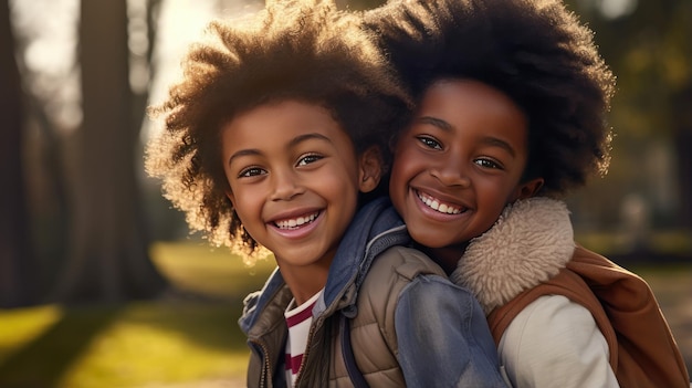Un niño y una niña afroamericanos se abrazan felices en medio de la belleza de un parque que irradia positividad