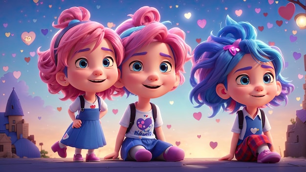 Niño y niña animados con cabello azul y rosa.