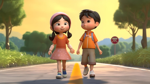 Un niño y una niña caminando por la calle tomados de la mano.