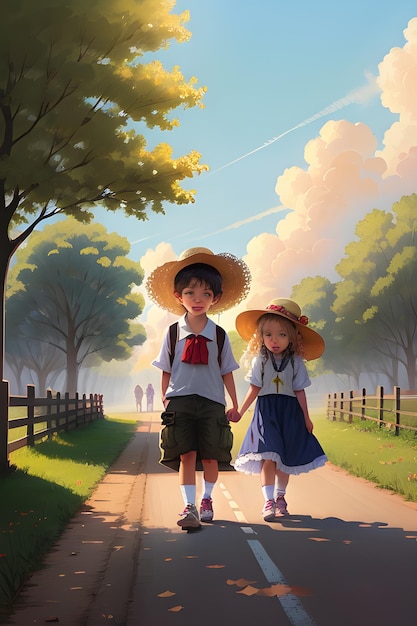 Un niño y una niña caminando por un camino tomados de la mano.