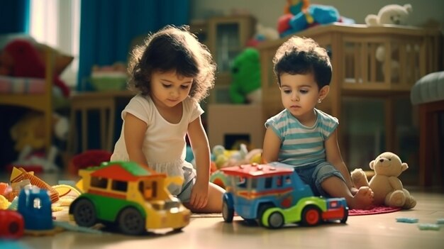 Foto niño y niña en casa jugando con juguetes juntos ia generativa