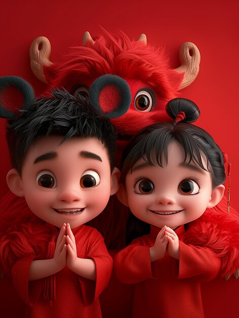 Niño y niña chinos en 3D con un dragón chino peludo rojo escondidos detrás de una pared con ropa roja