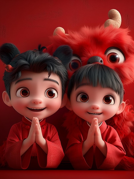 Niño y niña chinos en 3D con un dragón chino peludo rojo escondidos detrás de una pared con ropa roja