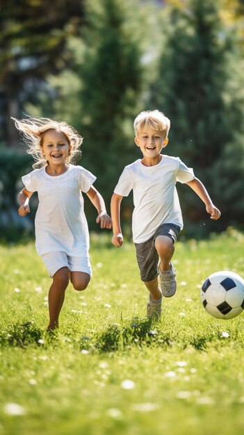 un niño y una niña corriendo con una pelota de fútbol en el césped