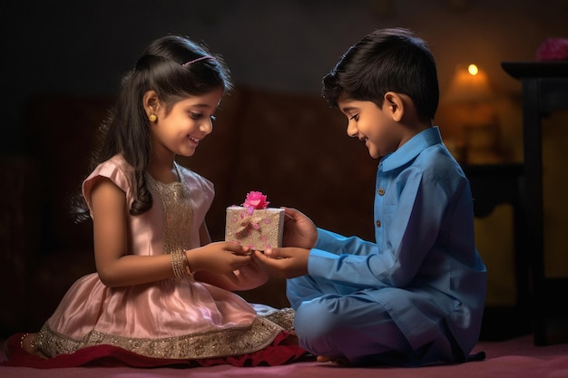 Niño y niña dándose regalos en el festival