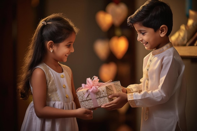 Niño y niña dándose regalos en el festival