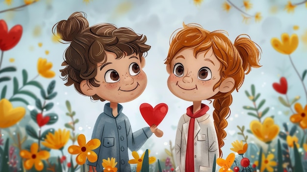 Un niño y una niña de dibujos animados con un corazón rojo en el jardín.