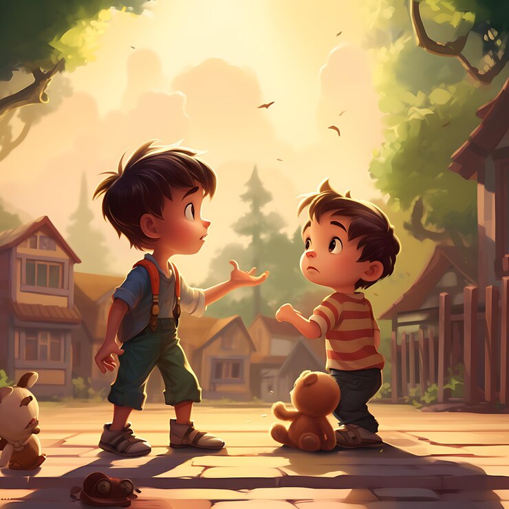niño y niña de dibujos animados hablando en un pueblo con un perro