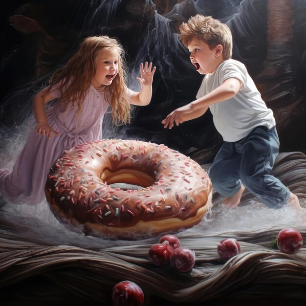 Niño y niña con un donut