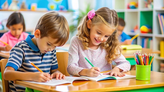 un niño y una niña están escribiendo en un cuaderno y están escribiando en un aula