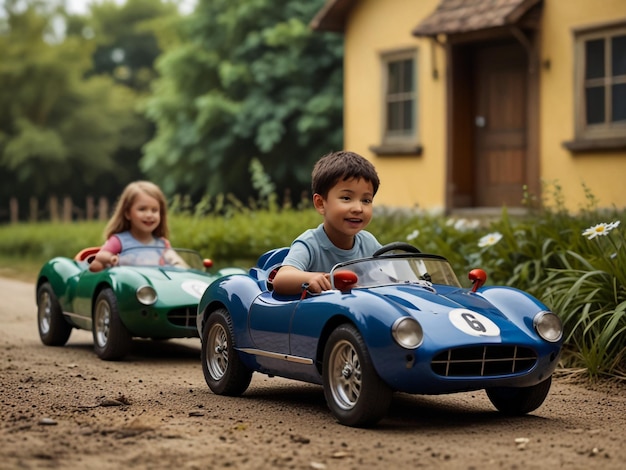 Foto un niño y una niña están jugando con un coche de juguete