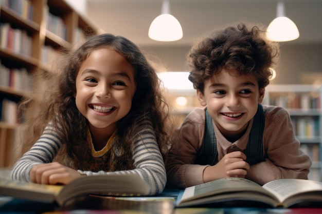 Un niño y una niña están leyendo un libro en la biblioteca.