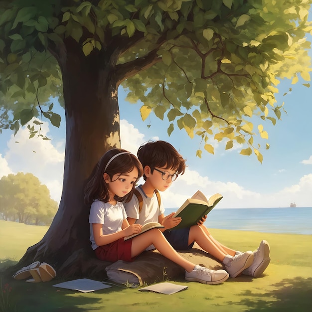 niño y niña están leyendo un libro debajo del árbol