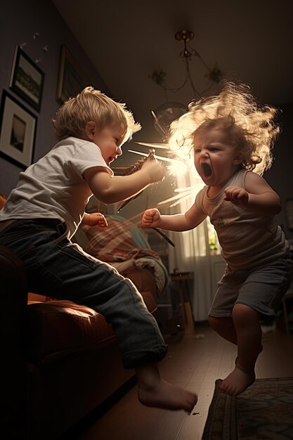 Foto un niño y una niña están luchando con el flash detrás de ellos