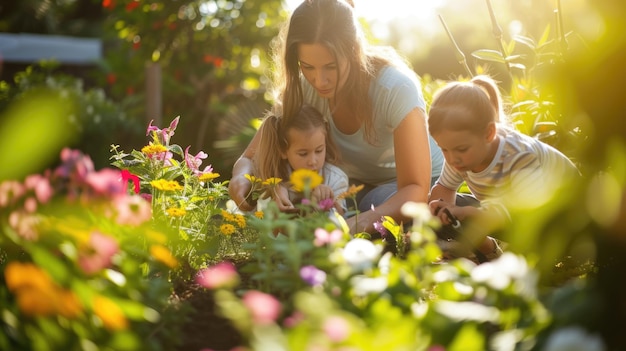 Un niño y una niña están recogiendo flores en un jardín AIG41