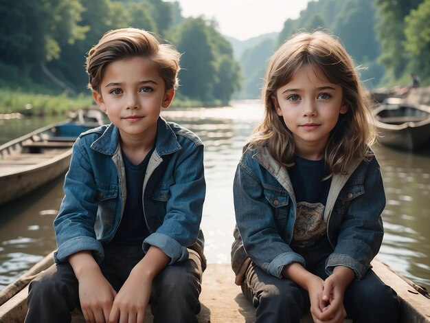 Un niño y una niña están sentados entre los barcos en el río