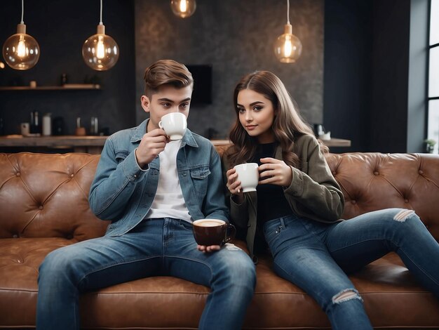 Foto un niño y una niña están sentados con café en la mano.