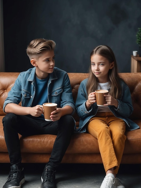 Un niño y una niña están sentados con café en la mano.