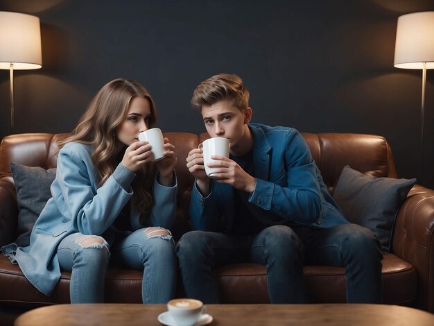 Un niño y una niña están sentados con café en la mano.