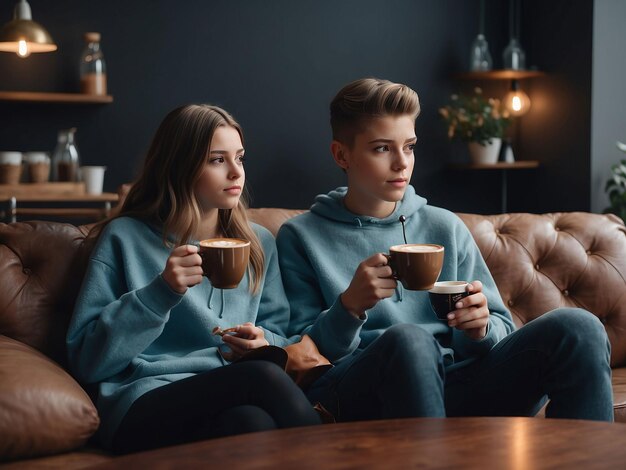 Un niño y una niña están sentados con café en la mano.