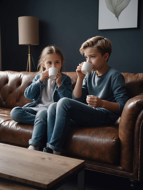 Un niño y una niña están sentados con café en la mano.