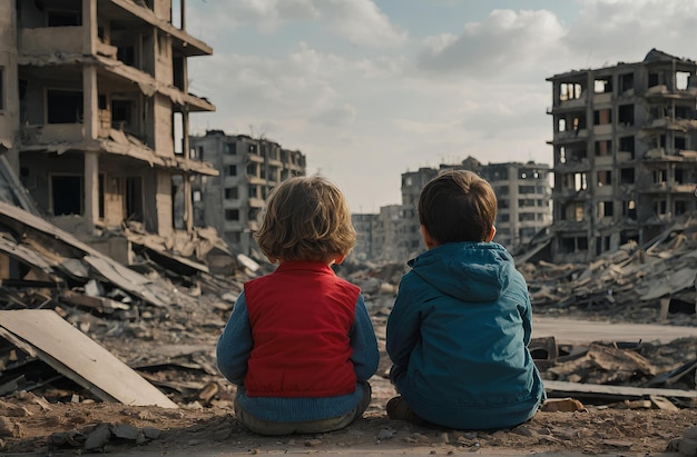 Un niño y una niña están sentados mirando su casa destruida por la guerra.