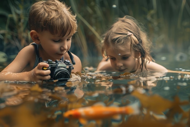 Un niño y una niña explorando un estanque con el niño sosteniendo una cámara enfocada en un pez en el agua rodeado de exuberante vegetación