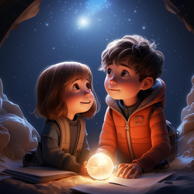 Un niño y una niña felices en invierno pintura al óleo digital al aire libre