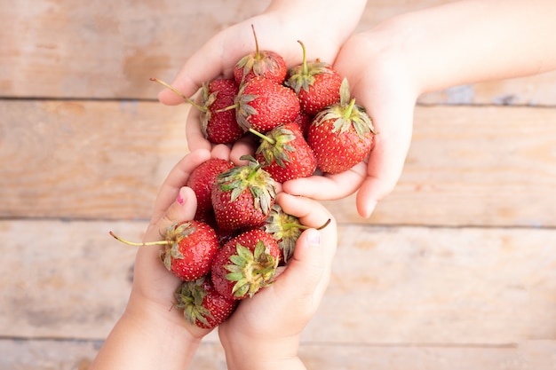 Niño y niña con fresas en manos de los niños, vista superior