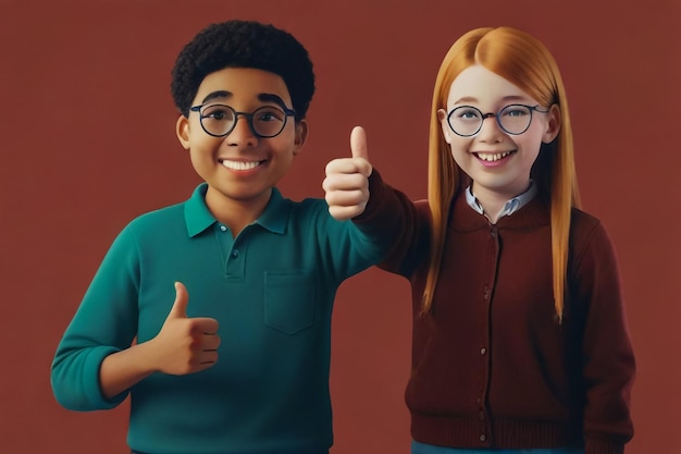 Foto un niño y una niña con gafas están levantando los pulgares