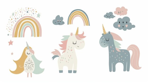 El niño y la niña de la guardería arte de pared dibujado a mano unicornio arco iris y nube conjunto de ilustraciones modernas ideal para tarjetas invitaciones y carteles