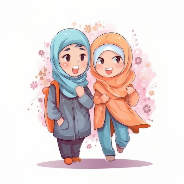 Niño y niña hijab dibujos animados ilustración vectorial familia musulmana