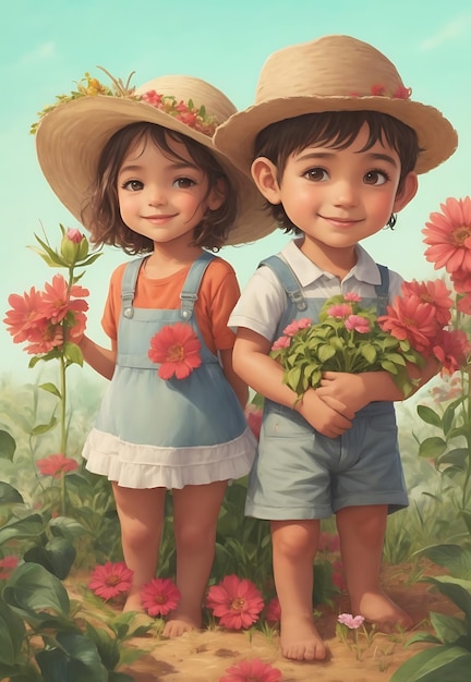 un niño y una niña en el jardín de flores