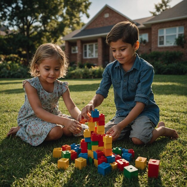 Foto un niño y una niña juegan con bloques en el césped