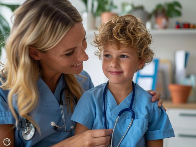 Foto niño y niña jugando al doctor y al paciente.