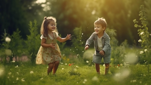 Un niño y una niña jugando en la hierba con flores.